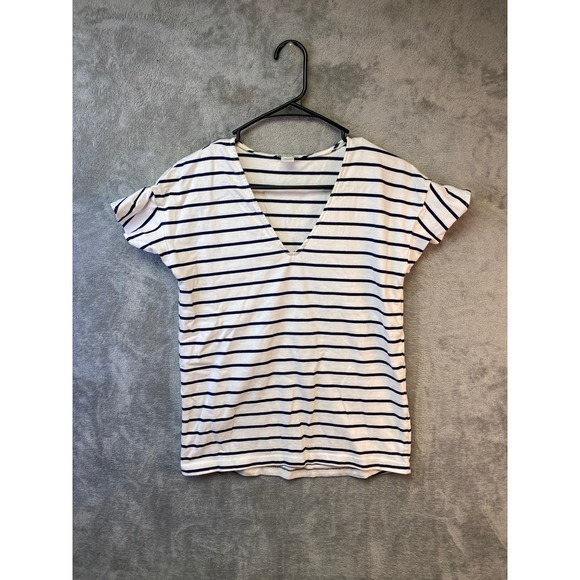 J. Crew Factory Tops - J.Crew Womens Navy Blue White Striped V-Neck Ruffle Sleeve T-Shirt Size S